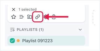 OptiSigns Playlists panel with one playlist ticked; the Share Link icon in the selection toolbar is highlighted.