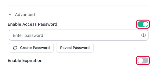 Advanced section expanded, highlighting the Enable Access Password and Enable Expiration toggles.