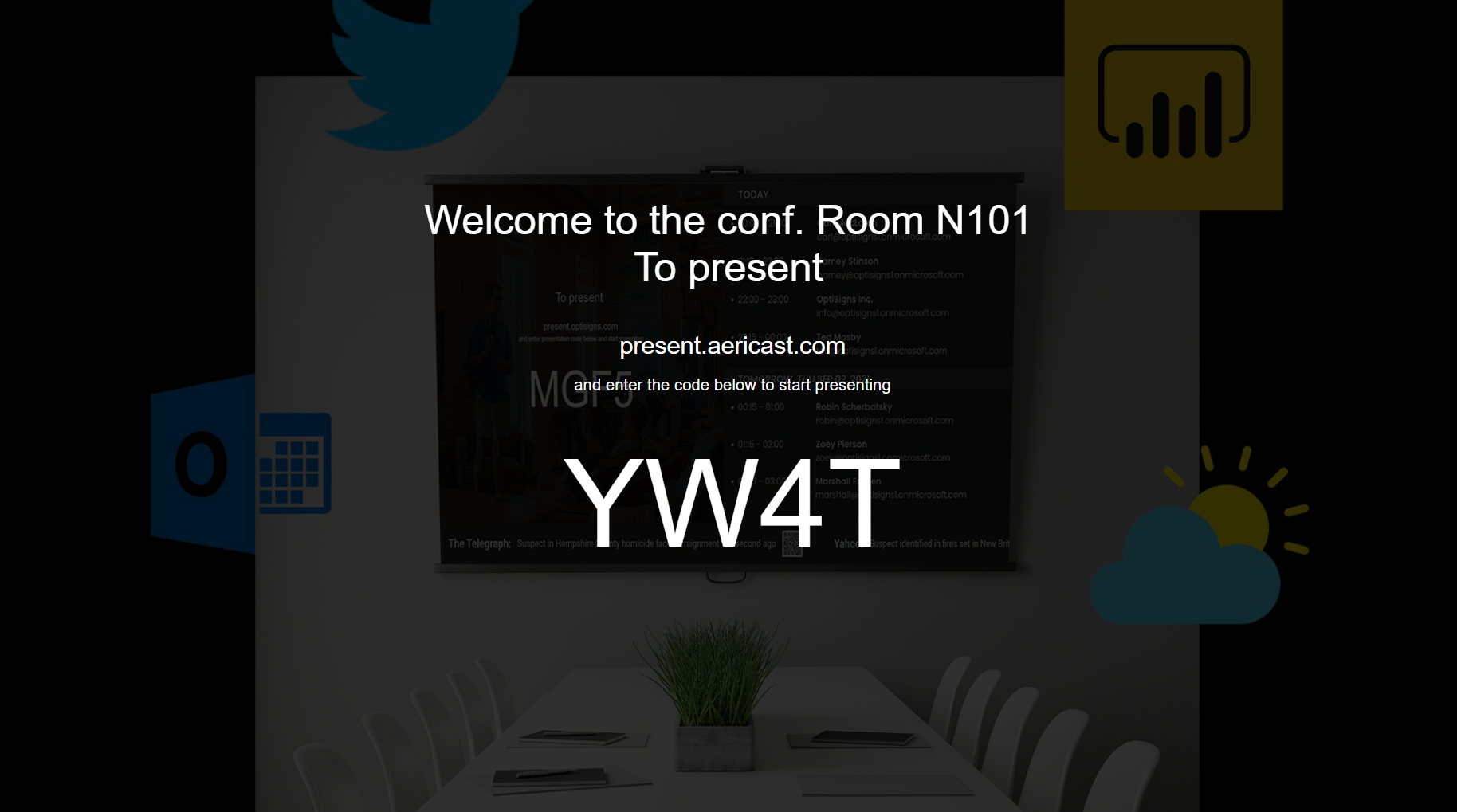 AeriCast welcome screen on a conference-room TV, showing the presenter code YW4T