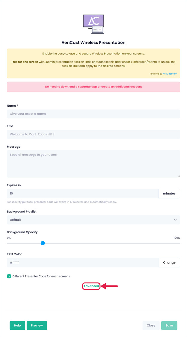AeriCast setup form: Name, Title, Message, Expires in, background playlist and text colour