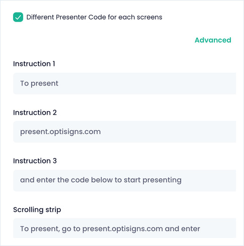 Advanced section of the AeriCast form: Instruction 1-3 and the Scrolling strip defaults