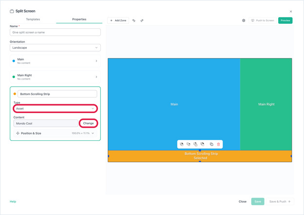 Split Screen editor: the bottom strip zone set to Type Asset with an AeriCast asset as Content