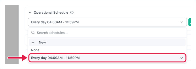 Operational Schedule dropdown open, with + New at the top above None