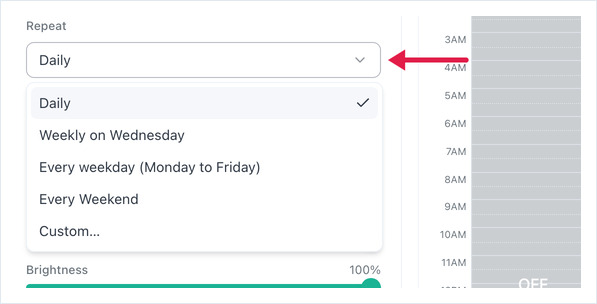 Repeat dropdown open: Daily, Weekly, Every weekday, Every Weekend, Custom