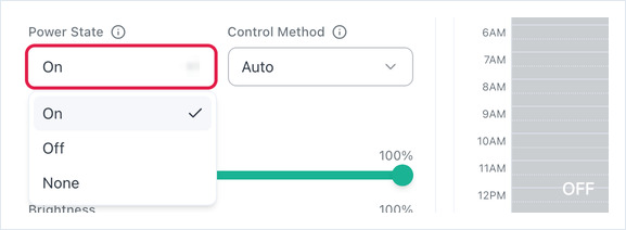 Power State dropdown open, showing On, Off and None