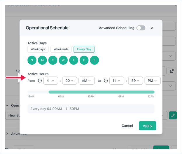 Operational Schedule dialog in simple mode, showing Active Days and Active Hours