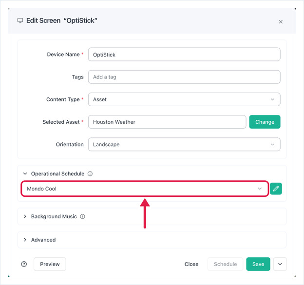 Edit Screen dialog with an operational schedule selected and Save enabled
