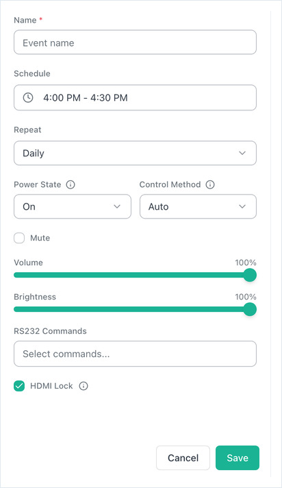 Advanced event form: Name, Schedule, Repeat, Power State, Control Method, Volume, Brightness
