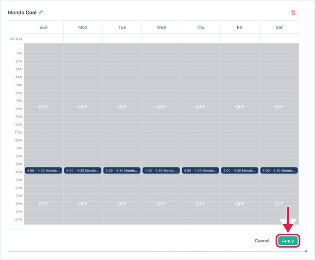 Week calendar showing the saved event, with Apply at the bottom right