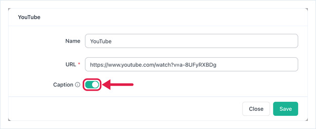 La finestra YouTube di OptiSigns con Nome, URL e l'interruttore Didascalia attivato.
