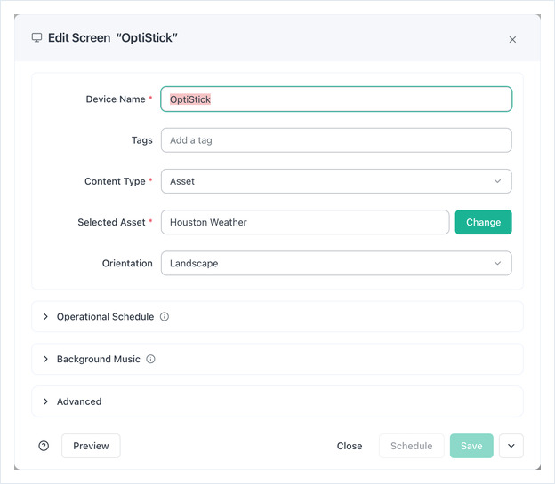 Edit Screen dialog with the screen assigned to an asset other than the Enterprise App
