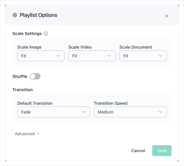 Playlist Options dialog showing Scale Settings, Shuffle and Transition