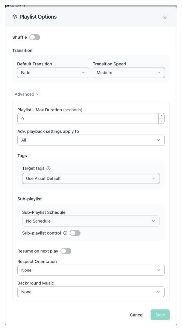 Playlist Options with Advanced expanded, showing Max Duration and playback settings