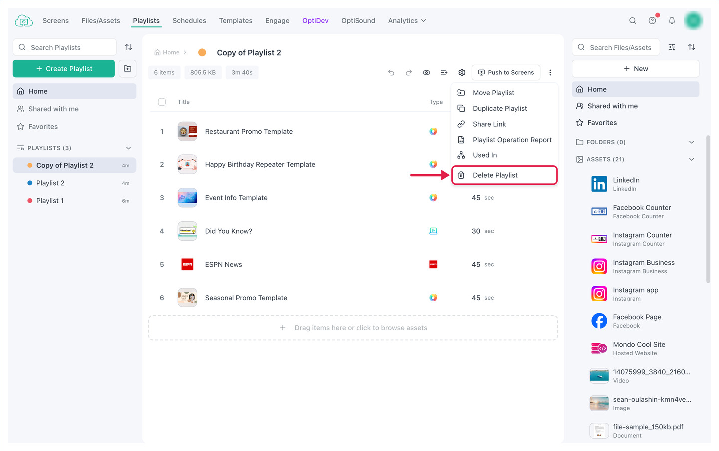 Playlist menu open with Delete Playlist highlighted