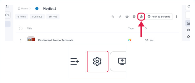 Playlist editor toolbar with the Options gear icon highlighted