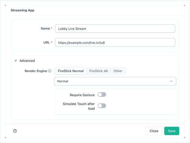 Streaming App dialog with Name and URL filled in and the Advanced section expanded