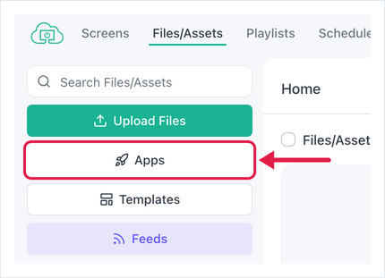 OptiSigns Files/Assets page with the Apps button highlighted in the left sidebar.