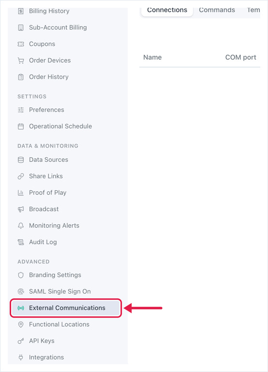 OptiSigns settings sidebar with External Communications highlighted under the Advanced group.