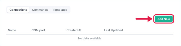 External Communications (RS232) page, Connections tab, with the Add New button highlighted.