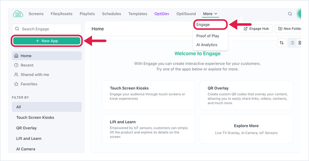 The Engage page with the New App button highlighted in the left sidebar.
