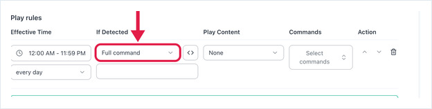 A Play rules row with If Detected set to Full command, beside the code-editor button.