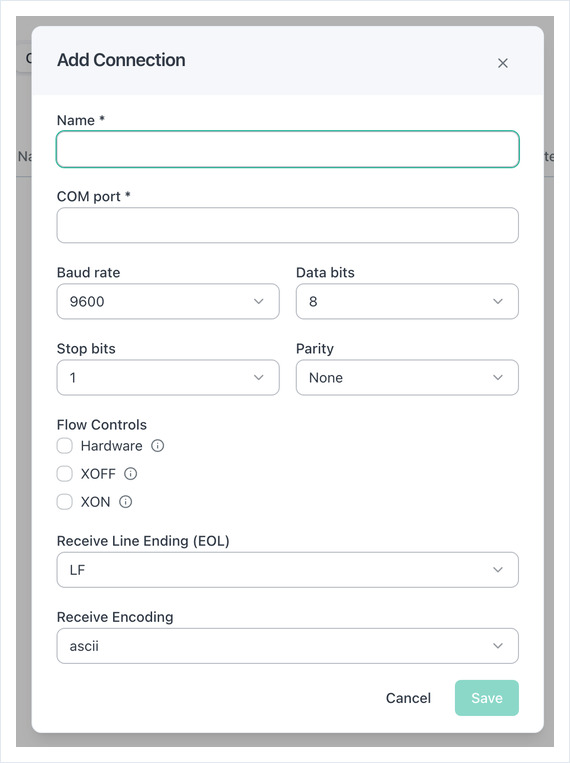 The Add Connection dialog: Name, COM port, Baud rate, Data bits, Stop bits, Parity and encoding fields.