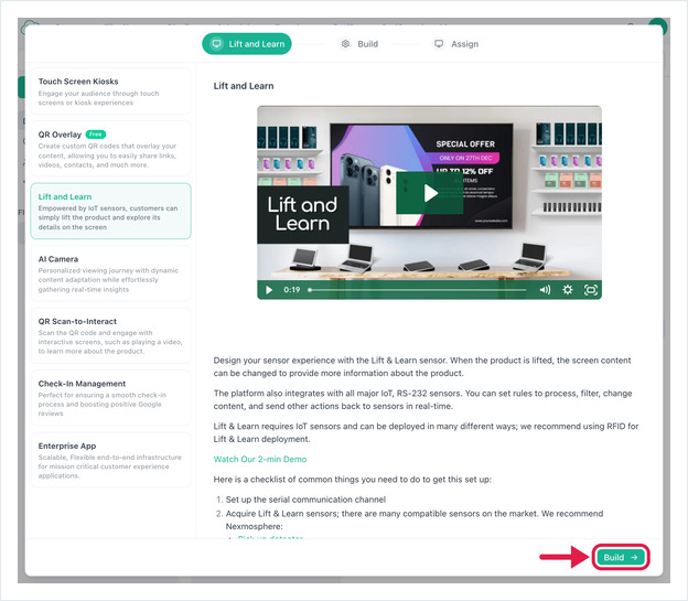 Engage app picker with Lift and Learn selected and the Build button highlighted.