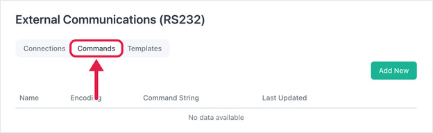 External Communications (RS232) page with the Commands tab highlighted.