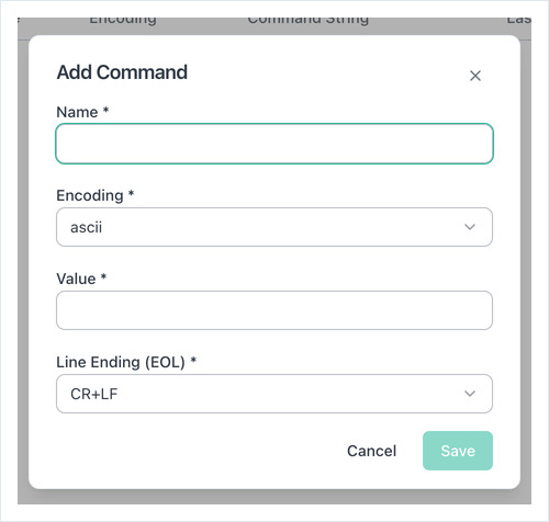 The Add Command dialog with Name, Encoding, Value and Line Ending (EOL) fields.