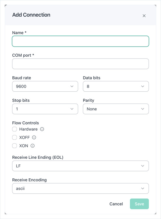 Add Connection dialog: Name, COM port, Baud rate, Data bits, Stop bits, Parity and flow controls.