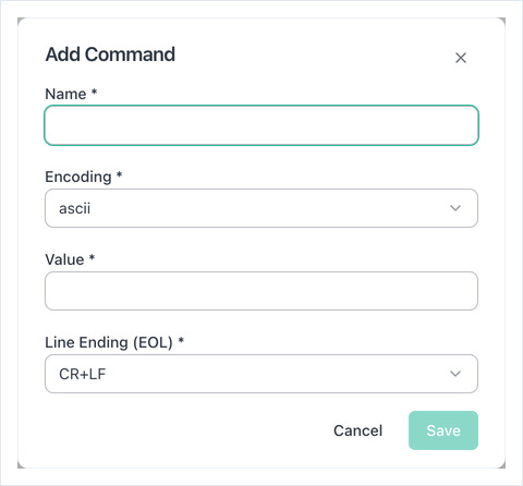 Add Command dialog with Name, Encoding, Value and Line Ending (EOL) fields.