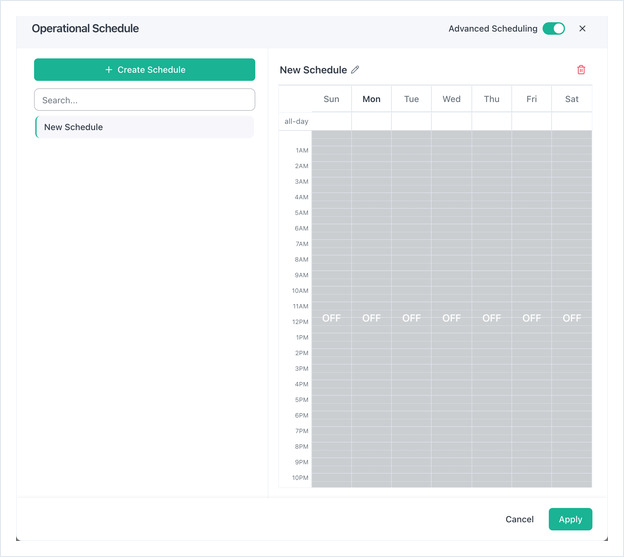 Operational Schedule dialog: schedule list on the left, weekly calendar grid on the right.