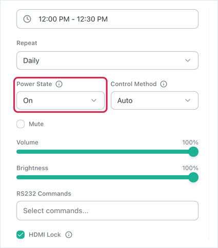 Schedule event form showing Power State and Control Method, Volume, Brightness and RS232 Commands.