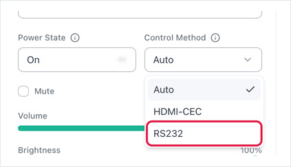 Control Method dropdown open, showing the Auto, HDMI-CEC and RS232 options with RS232 highlighted.