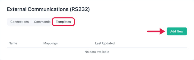 External Communications page, Templates tab selected, with an arrow on the Add New button.