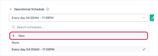 Edit Screen dialog with the Operational Schedule picker open and an arrow on the New option.