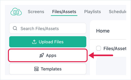 Files/Assets page with the Apps button highlighted in the left sidebar