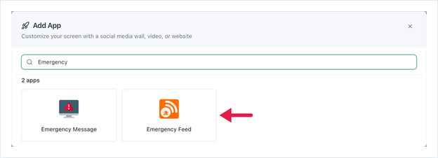 Add App dialog searched for Emergency, with an arrow pointing at the Emergency Feed app