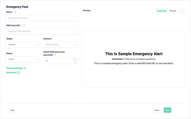 Emergency Feed setup screen: settings form on the left, live preview pane on the right