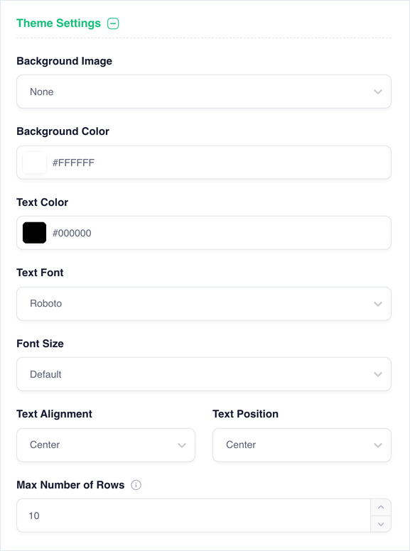 Theme Settings expanded: background image and color, text color, font, size, alignment, rows