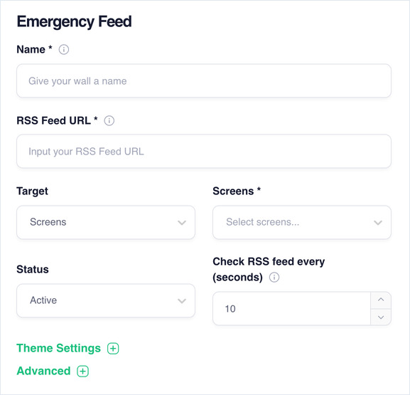 Emergency Feed base options: Name, RSS Feed URL, Target, Screens, Status and check interval