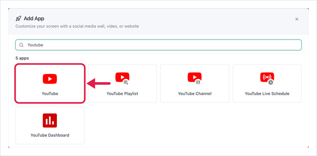 Ajouter une application : recherche YouTube, cinq applications listées, YouTube mis en évidence