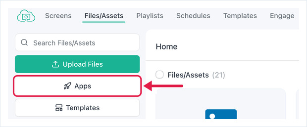 Pagina Files/Assets di OptiSigns con il pulsante Apps nel pannello sinistro evidenziato.