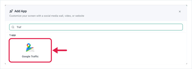 Finestra Add App filtrata per Traf, con la scheda dell'app Google Traffic evidenziata.