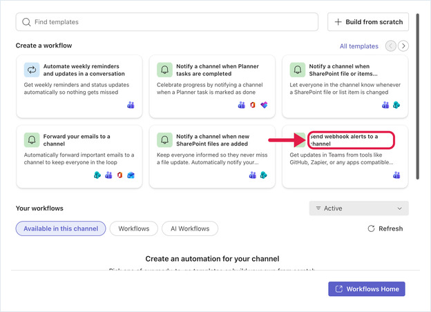 Workflows template picker with Send webhook alerts to a channel highlighted