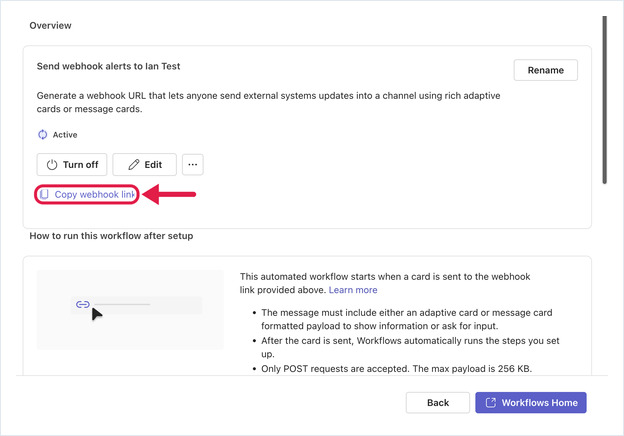 Created workflow showing the Copy webhook link button and Active status
