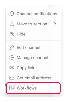 Teams More options menu open with Workflows highlighted