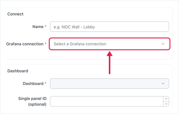 Grafana app settings with the Connect and Dashboard sections and the connection picker highlighted
