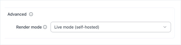 Grafana app Advanced section showing the Render mode dropdown set to Live mode