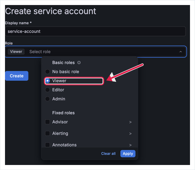 Grafana Create service account form with the Role dropdown open and Viewer selected